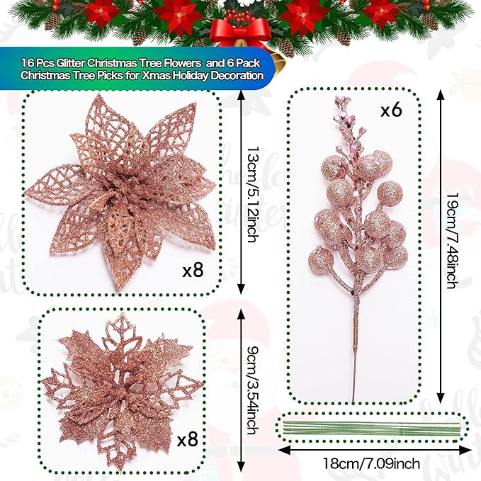 22Pcs Poinsettia Artificial Flowers and Glitter Berries Stems Kit, 16Pcs Christmas Tree Flowers Ornaments and 6 Pack Christmas Tree Picks for Wedding Holiday Decorations (Rose Gold)