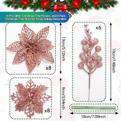 22Pcs Poinsettia Artificial Flowers and Glitter Berries Stems Kit, 16Pcs Christmas Tree Flowers Ornaments and 6 Pack Christmas Tree Picks for Wedding Holiday Decorations (Rose Gold)