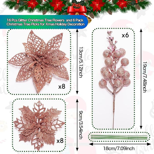22Pcs Poinsettia Artificial Flowers and Glitter Berries Stems Kit, 16Pcs Christmas Tree Flowers Ornaments and 6 Pack Christmas Tree Picks for Wedding Holiday Decorations (Rose Gold)