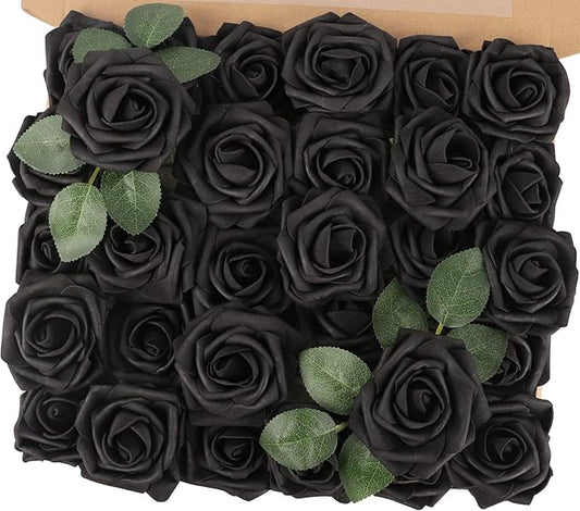 MACTING Artificial Black Rose Flowers 30PCS Real Touch Fake Flowers with Stem Foam Roses for DIY Wedding Bouquet Gifts Table Centerpieces Party Bridal Shower Home Spring Decorations