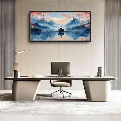 Zen Large Wall Art Buddha Lake Pictures Wall Decor Cherry Blossom Canvas Landscape Meditation Print Painting Modern Artwork Home Decoration for Yoga Spa Living Room Bathroom Bedroom Office Framed 60"x30"