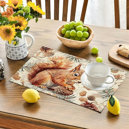 Squirrel Placemats Set of 6 Pine Cone Branch Fall Autumn Watercolor Table Mats Washable Place Mats for Home Party Indoor Kitchen Dining Table Decoration 12x18 Inch