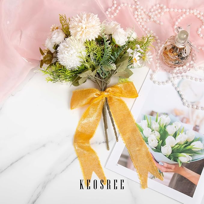 Gold Silk Chiffon Ribbon,Gold Frayed Shimmery Silk Ribbon for Bridal Flower Bouquet Christmas Gift Wrapping Wedding Decor Invitations Decorations 1.5" x 15 Yards (5Yards X 3 Rolls)