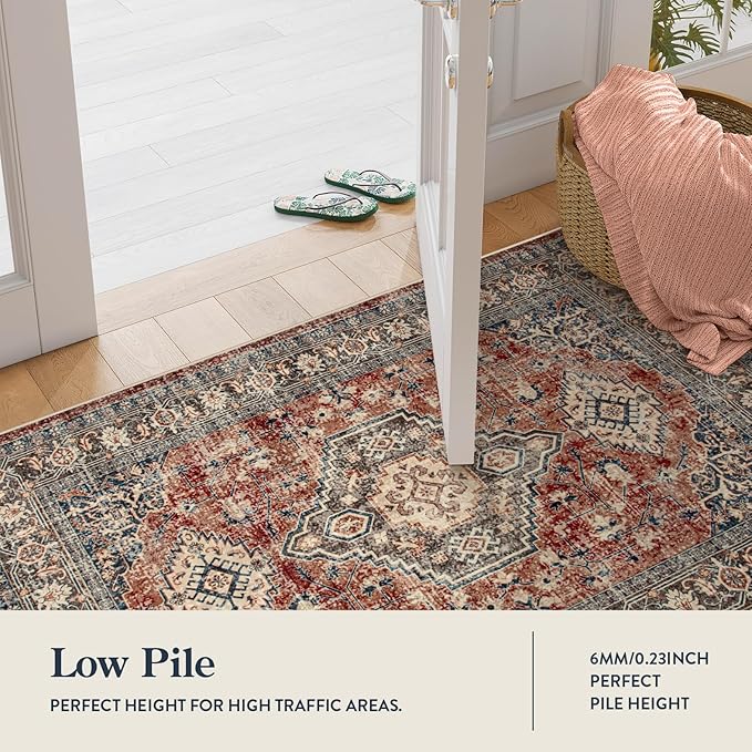 Lahome Oriental Washable Rugs 8x10, Non-Slip Soft 8x10 Rugs for Living Room Bedroom, Stain Resistant Ultra-Thin Vintage Accent Carpet for Dining Room Office, Brick Red