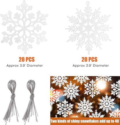 RECUTMS Winter Christmas Hanging Snowflake Decorations - 40Pcs White Snowflakes Hanging Garland for Christmas Winter Wonderland Holiday New Year Party Home Decoration,4 Inches,2 Pattern (White)