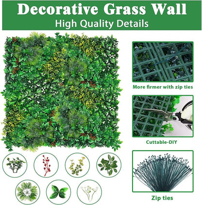 Artificial Grass Wall Panels, 20''x20'' 16pcs Boxwood Wall Panels with Tropical Leaves, Faux Greenery Privacy Fence Screen, Grass Backdrop for Outdoor Indoor Garden Birthday Wedding Decor