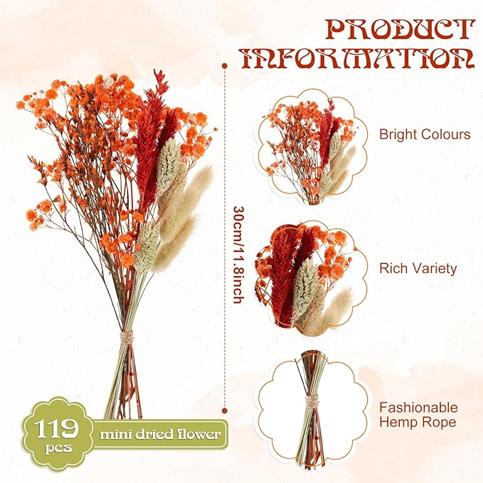 10 Kinds of Dried Flowers for Crafts Burnt Orange Fall Flowers Natural Pampas Grass Bunny Tails Babys Breath Hydrangea with Stems Dry Floral Arrangement for Fall Wedding Autumn Decorations for Home