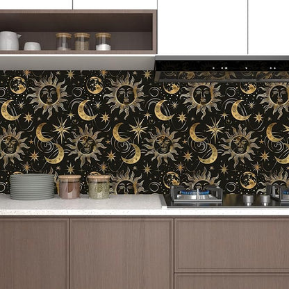 Black Peel and Stick Removable Vintage Wallpaper Gold Celestial Sun Moon Star Contact Paper 17.5" x 118" Dark Boho Mural Waterproof for Wall Bedroom Kitchen Bathroom Cabinet Room Decor