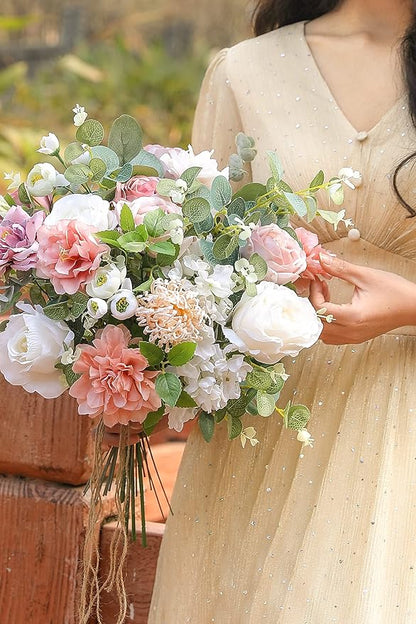 YYHUAWU Artificial Flowers Combo Set Fake Flower Leaf Box with Stems for DIY Wedding Bouquets Centerpieces Flower Arrangements Decorations Baby Shower Party Home Decorations White Pink