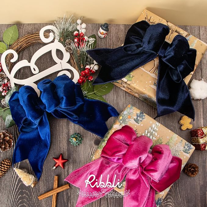 Ribbli Navy Velvet Wired Ribbon 4 Inch Velvet with Satin Christmas Ribbon for Gift Wrapping Christmas Tree Decoration Crafts Wreaths Supplies-Continuous 10 Yards