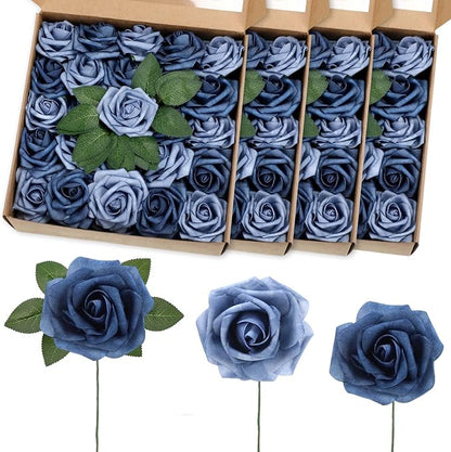 100 Pieces Artificial Foam Rose Flowers Faux Bouquet with Leaves and Stems for DIY Wedding Bouquets Centerpieces Bridal Shower Party Valentine Home Decorations(Dusty Blue Shades)