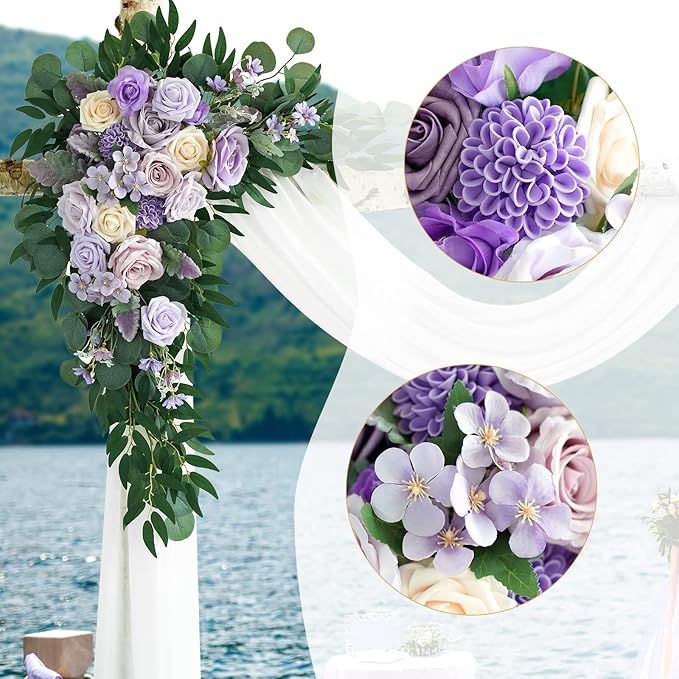 ponatia Purple Wedding Arch Flowers Kit (Pack of 3) with 26Ft White Arch Draping Fabric, Wedding Flowers Garlands Floral Arrangement Swag for Ceremony and Reception Wedding Decoration (Dusty Lilac)