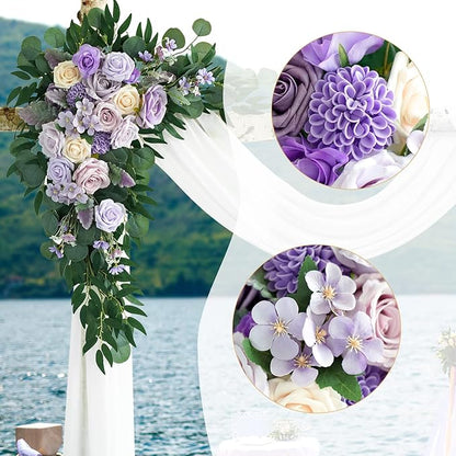 ponatia Purple Wedding Arch Flowers Kit (Pack of 3) with 26Ft White Arch Draping Fabric, Wedding Flowers Garlands Floral Arrangement Swag for Ceremony and Reception Wedding Decoration (Dusty Lilac)