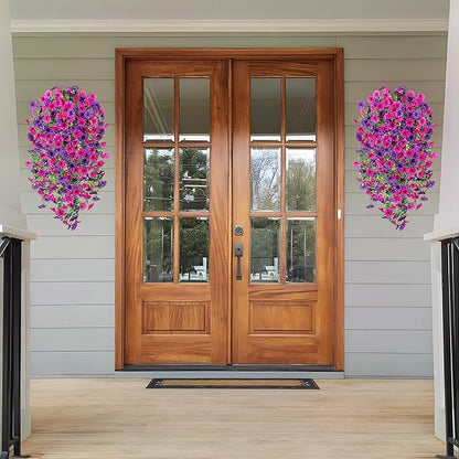 Artificial Hanging Flowers for Outdoor, 2pcs Fake Plants Long Vine Morning Glory Eucalyptus, UV Resistant Realistic Faux Greenery Indoor Outside Patio Porch Garden Spring Summer Decor, Purple
