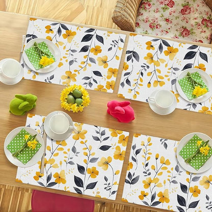 Farmhouse Yellow Flowers Placemats Set of 4, Rustic Floral Place Mats, Country Dining Table Mats, Washable Spring Placemats for Kitchen Dining Room Home Decor 18L'' × 12W''