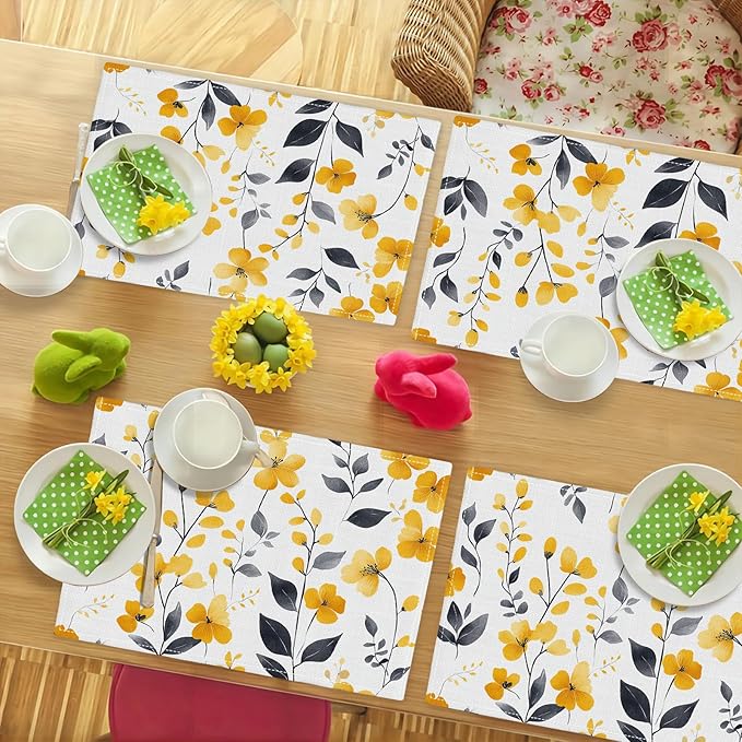 Farmhouse Yellow Flowers Placemats Set of 6, Rustic Floral Place Mats, Country Dining Table Mats, Washable Spring Placemats for Kitchen Dining Room Home Decor 18L'' × 12W''
