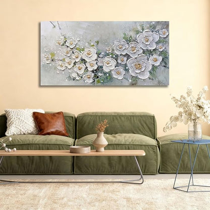 Brushart White Flower Wall Art Textured Floral Canvas Art Wall Decor Living Room Large Picture Wall Art Paintings Artwork for Walls Bedroom Home Office, 58"x29"