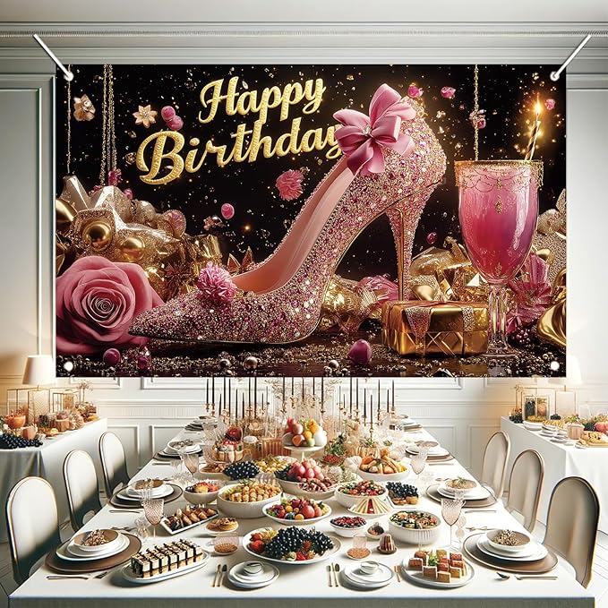 Luxury High Heel Birthday Backdrop Banner Pink Glitter Shoe Photography Background Rose Gold Decor for Women Girls Party Decorations Fashion Booth Studio Props 71 x 43 Inch