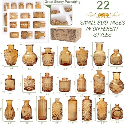 Set of 22 Amber Glass Mini Bud Vase For Bulk Rustic Wedding Decorations, Centerpieces, Vintage Look Home Table Flower Décor,Clear