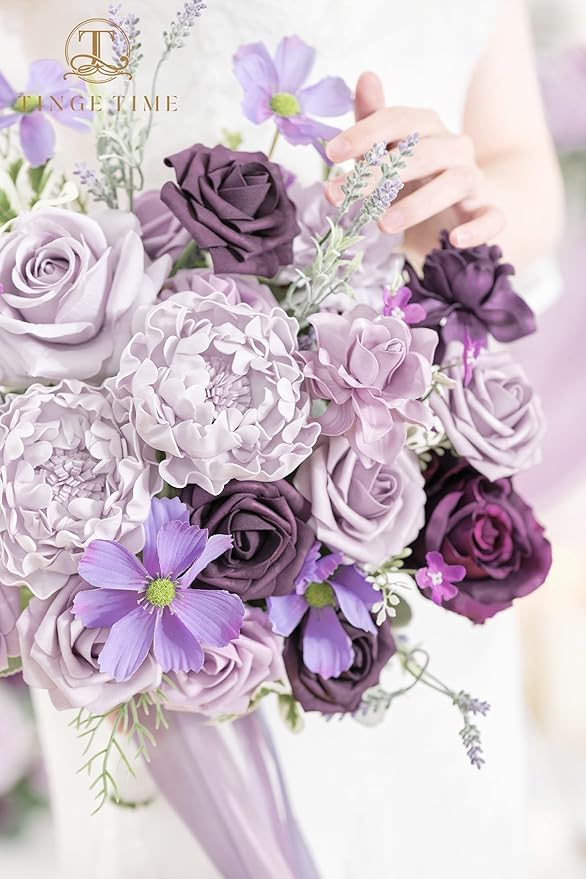 TINGE TIME 11 Inch Wedding Bouquets for Bride, Lavender&Plum Artificial Flowers Bouquet, Brides & Bridesmaids Bouquet for Wedding Anniversary Ceremony Bridal Shower Decorations