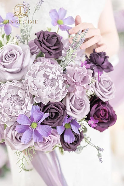 TINGE TIME 11 Inch Wedding Bouquets for Bride, Lavender&Plum Artificial Flowers Bouquet, Brides & Bridesmaids Bouquet for Wedding Anniversary Ceremony Bridal Shower Decorations