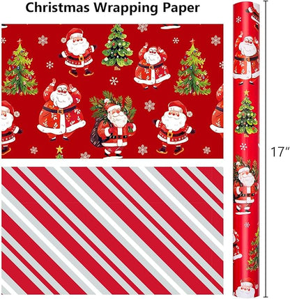 MAYPLUSS Red Christmas Wrapping Paper - 17 Inch X 33 Feet - Cute Santa Claus Christmas Tree Reversible Strip Gift Wrapping Paper, Metallic Foil Thick Gift Wrap Paper for Holiday Party New Year Kids