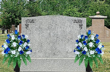 Artificial Cemetery Flowers, Gravesite Decoration Roses, Memorial Bouquets with Cemetery Vase, Vibrant and Long-Lasting Colors (Dark Blue+White, 2 Bundles)