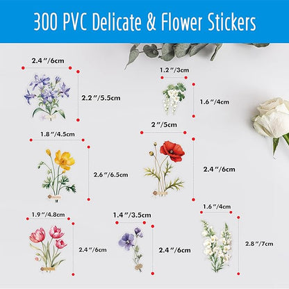 300 PCS PVC Flower Stickers, Self-Adhesive PVC Nature Floral Stickers for Scrapbook, Laptop, Journal, DIY Project, Spring Themed Party Decors