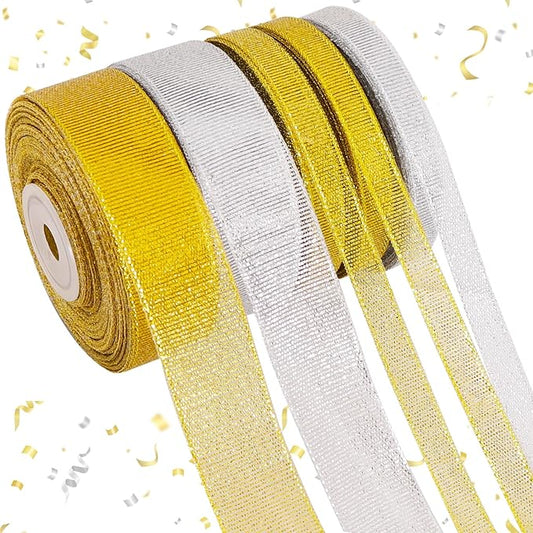 TONIFUL 5 Rolls Christmas Glitter Ribbon Set - Gold & Silver 3/8" & 1" Width x 25 Yards Ribbon for Crafts, Wreath, Tree, Gift Wrapping, Bows, Bouquet, Christmas, Valentine, Thanksgiving, Decoration