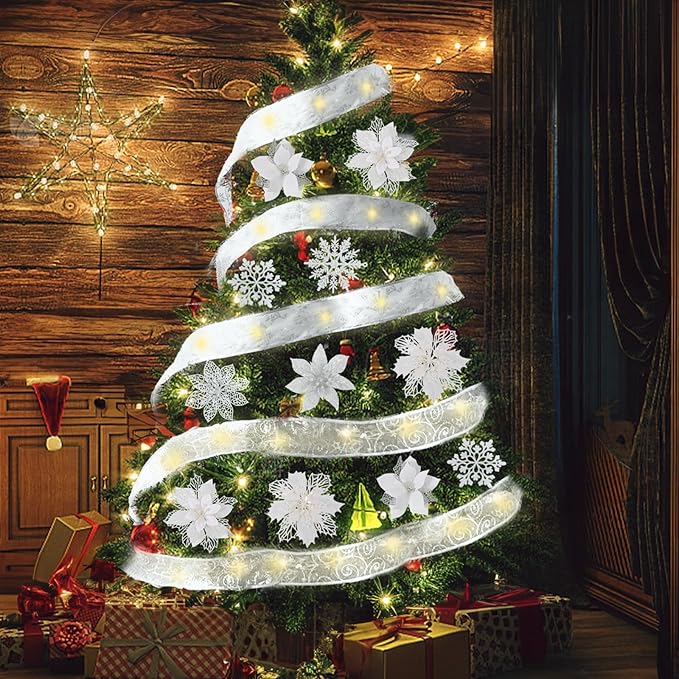 72 Pcs 9 Styles Christmas Glitter Poinsettia Flowers,Christmas White Glitter Artificial Poinsettia Flower Tree Ornaments for Xmas Wreaths Garland Floral Gift Winter Wedding Holiday Decoration(White)