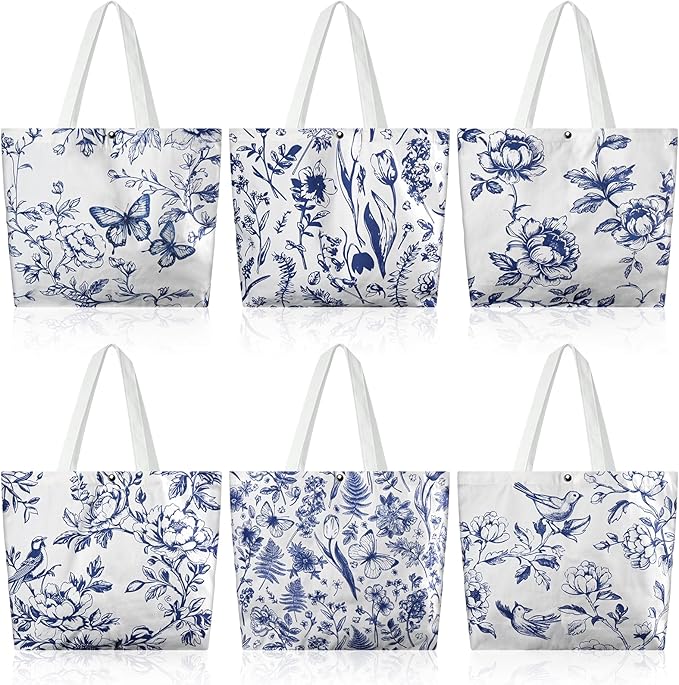 6 Pcs Floral Canvas Tote Bags Bulk for Women Chinoiserie Tote Bag Aesthetic Reusable Grocery Bags for Travel Shopping