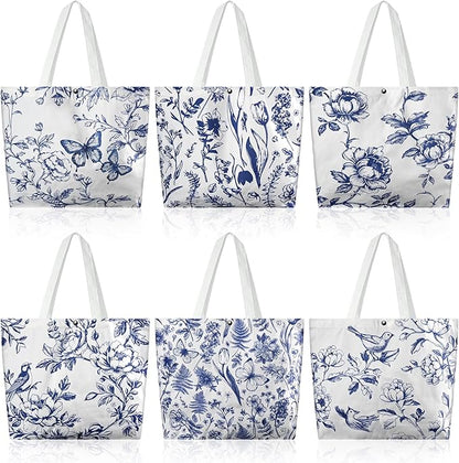 6 Pcs Floral Canvas Tote Bags Bulk for Women Chinoiserie Tote Bag Aesthetic Reusable Grocery Bags for Travel Shopping