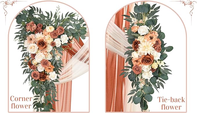 Ting's time Artificial Wedding Arch Flowers Kit(Pack of 4) - 2pcs Large Artificial Flower Swag with 2pcs Draping Fabric for Wedding Party Ceremony Decoration(Terracotta& Cream White)