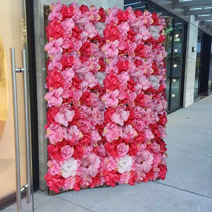 Artificial Flower Wall Panels, Silk Wedding Flower Wall Backdrop Panel, 3D Floral Panel Artificial Floral Wall Mat Flower Screen for Photo Party Wedding Wall Background Decor (6PCS Rose Red+Dark Pink)