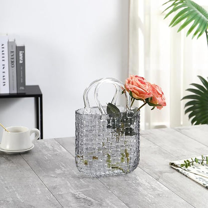 Glass Purse Vase, Purse Vase for Flowers, Black Purse Flower Vase, Wide Mouth Glass Bag Vases, 10 Inch Large Glass Vases, Handbag Shaped Vases for Home, Office Decor