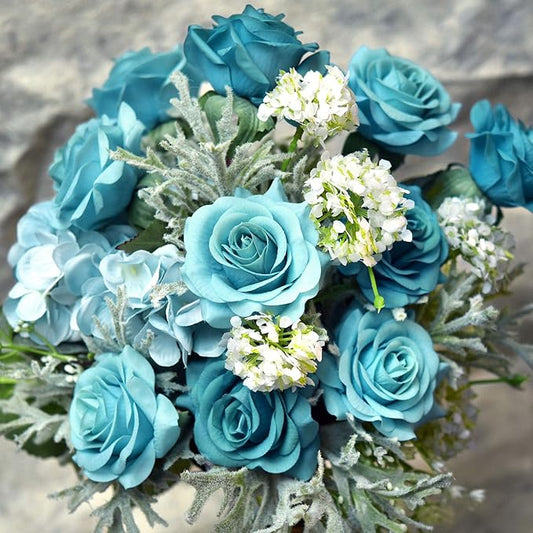 FiveSeasonStuff Silk Roses Artificial Flowers for Decoration, Home Decor Centerpiece for Tables, Wedding Bridal Bouquet of Flowers Real Touch Roses 12 Stems (Turquoise)