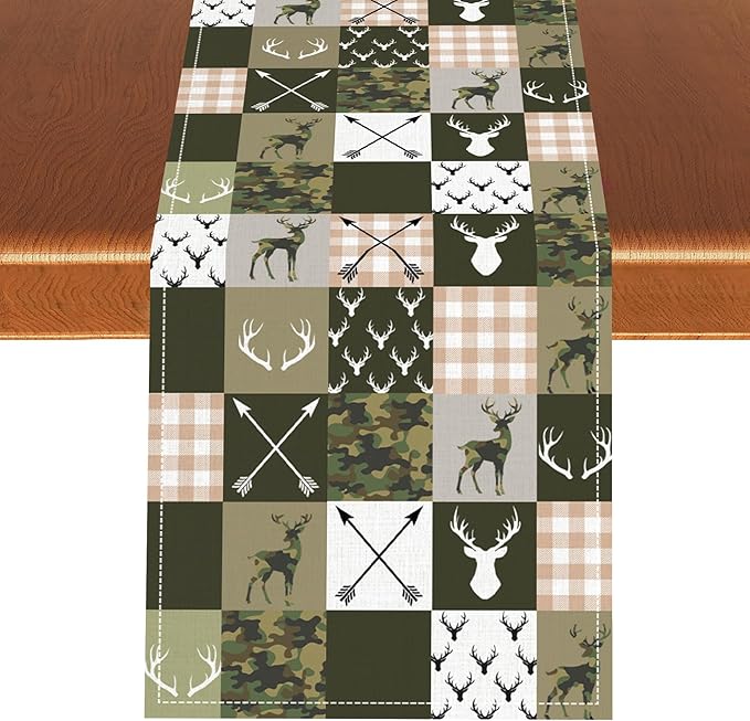 Farmhouse Table Runner, Rustic Deer Camouflage Buffalo Plaid Wild Animal Seasonal Coffee Table Center Decor for Home Kitchen Dining Holiday Party Table Decorations 13x108 inches