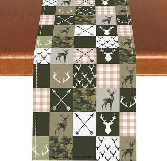 Farmhouse Table Runner, Rustic Deer Camouflage Buffalo Plaid Wild Animal Seasonal Coffee Table Center Decor for Home Kitchen Dining Patio Holiday Party Table Decorations 13x90 inches