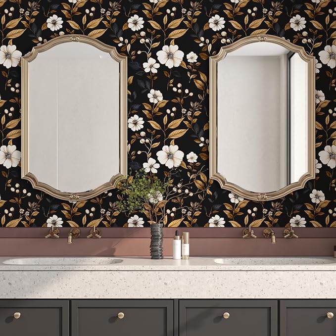 Vintage Black Floral Wallpaper Peel and Stick 17.4" x 118", Retro Golden Leaf White Flower Pattern Contact Paper Classic Removable Covering for Bedroom Bathroom Cabinet Drawer Home Decor Dark