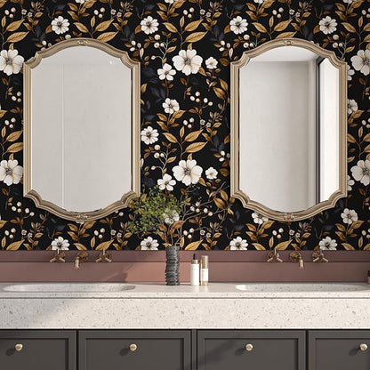 Vintage Black Floral Wallpaper Peel and Stick 17.4" x 118", Retro Golden Leaf White Flower Pattern Contact Paper Classic Removable Covering for Bedroom Bathroom Cabinet Drawer Home Decor Dark