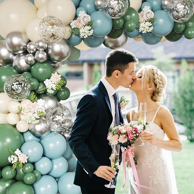 Retro Bean Green Balloon Arch Kit, 145Pcs Dusty Blue White Pastel Beige Sliver Confetti Balloons for Baby Bridal Shower Wedding Engagement Birthday Party Decorations