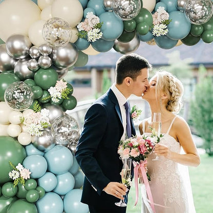Retro Bean Green Balloon Arch Kit, 145Pcs Dusty Blue White Pastel Beige Sliver Confetti Balloons for Baby Bridal Shower Wedding Engagement Birthday Party Decorations