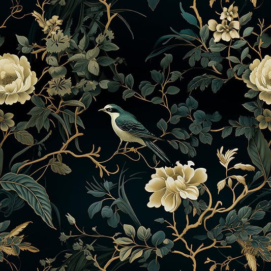 Dark Floral Peel and Stick Wallpaper Vintage Floral Contact Paper 16.9inchx196.8inch Flowers Bird Wallpaper Peel and Stick Boho Leaf Self Adhesive Removable for Bathroom Wall Paper Decor