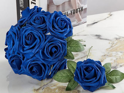 Royal Blue Rose 50pcs Foam Rose Real Looking Fake Rose with Stems Leaves for Home Decoration Party Garden Centerpieces DIY Wedding Bouquets（Royal Blue）