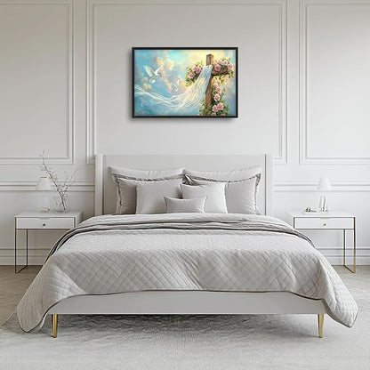 Christian Cross Large Wall Art Religious Faith Hope Pictures Wall Decor Dove Flowers Heaven Canvas Painting Prints Framed Artwork Home Church Decorations for Prayer Bedroom Living Room 36"x24"
