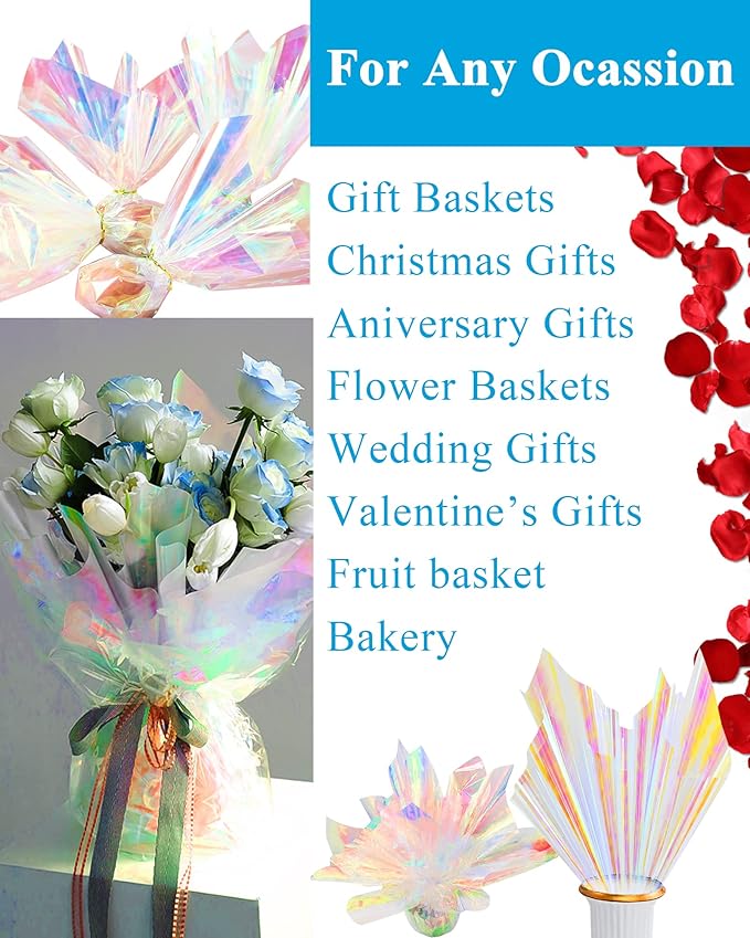JOYIT 35 in x 50 ft Iridescent Cellophane Wrap Roll – Iridescent Cellophane Roll, Rainbow Wrapping Paper for Flower Gift Baskets Wrap DIY Wrapping (35" fold into 17.5")