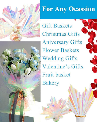 JOYIT 35 in x 50 ft Iridescent Cellophane Wrap Roll – Iridescent Cellophane Roll, Rainbow Wrapping Paper for Flower Gift Baskets Wrap DIY Wrapping (35" fold into 17.5")