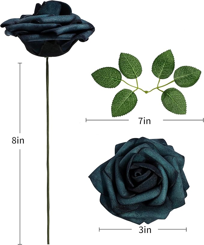 DuHouse 25Pcs Artificial Roses Flowers Fake Rose with Stems Real Touch Foam Flowers for DIY Wedding Bouquet Baby Shower Centerpiece Floral Arrangement Party Home Decor(Peacock Blue)