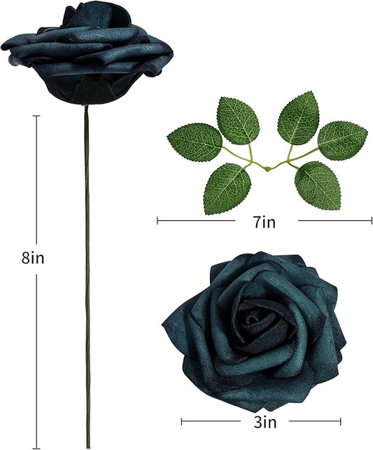 DuHouse 25Pcs Artificial Roses Flowers Fake Rose with Stems Real Touch Foam Flowers for DIY Wedding Bouquet Baby Shower Centerpiece Floral Arrangement Party Home Decor(Peacock Blue)