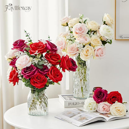 20PCS Artificial Roses Flowers, 3.9'' Silk Flower Head Fake Fuchsia Rose with Long Stems, Realistic Faux Roses Bouquet for DIY Wedding Home Party Office Decoration
